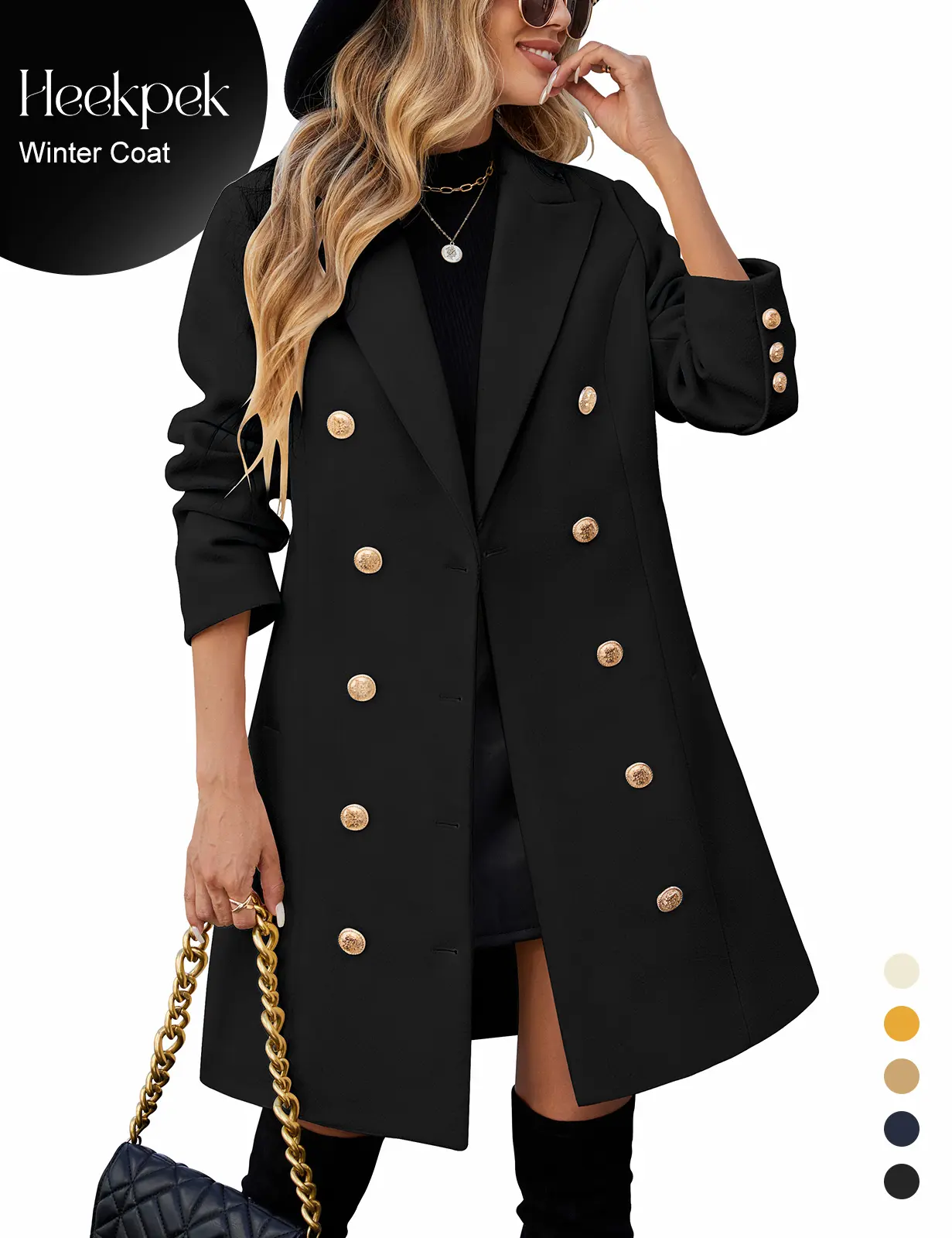 HEEKPEK Women's Lady Black Double-Breasted Midi Trench Peacoat - Notched Lapel, Elegant, Chic Long Outerwear for Work & Casual Wear