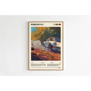 Vintage Illustrated Porsche 911 Poster - Artistic Japanese Style Print, Retro Minimalist Him Wall Art Canvas Painting, 20x30inch(50x75cm)/24x36inch(60x90cm) for Balcony, Bathroom, Classroom Vintage Decor