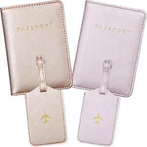 unisex 2 count Passport Covers and 2 count Luggage Tags, Passport Holder Travel Suitcase Tag (Purple, Pink)