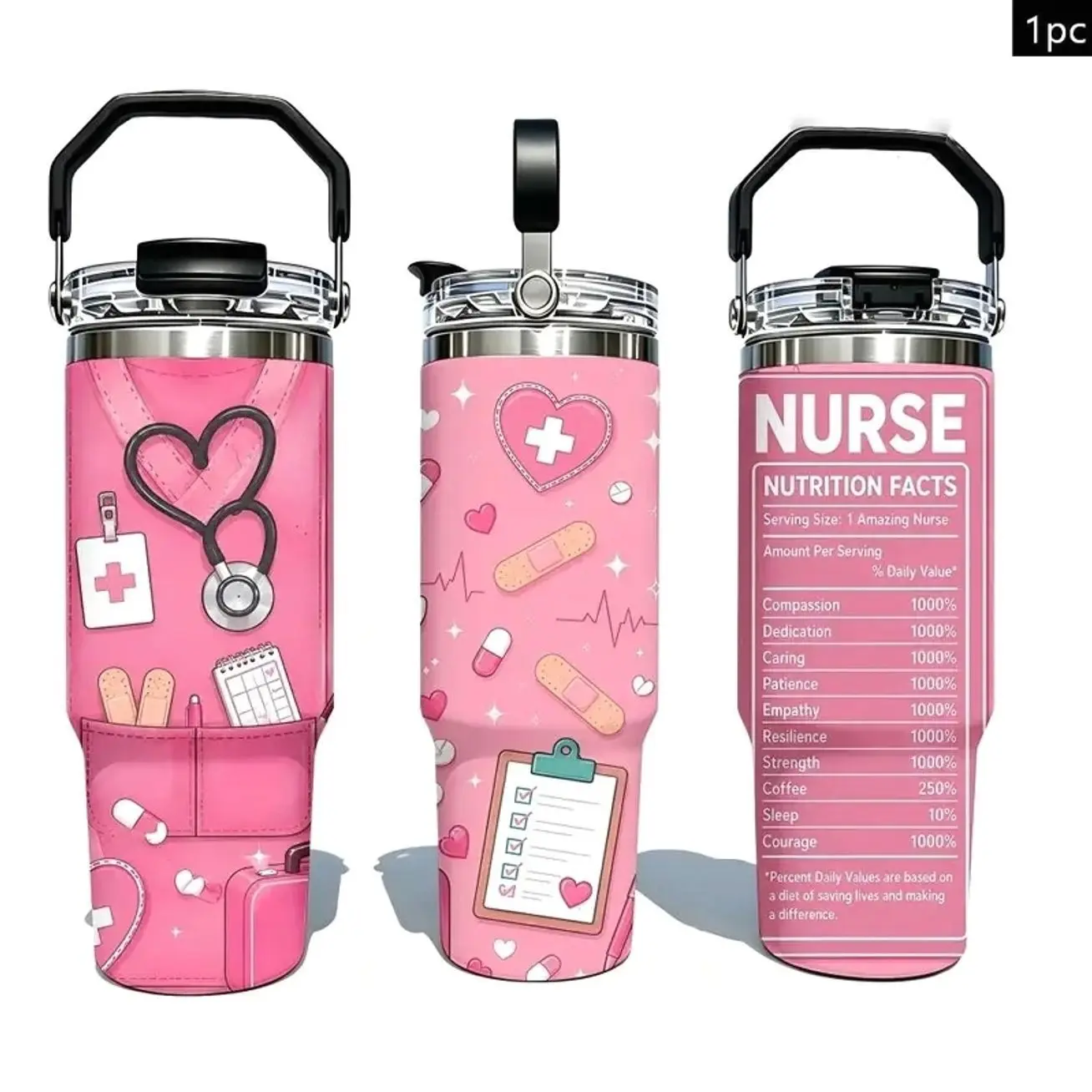 Nurse Stethoscope Heart Medical Pattern Insulated Tumbler with Portable Handle & Leak-Proof Lid, Double Wall Vacuum Travel Mug, Large Capacity Cup for Men Women, Birthday Christmas Nurse Theme Gift