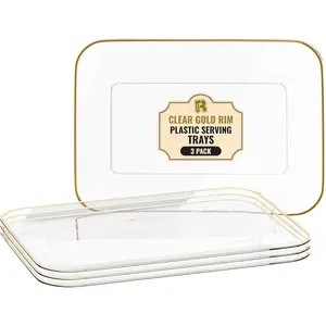 3 Pack 8 x 11 Inch Gold Plastic Heavy Duty Clear Rectangular Serving Trays Dessert Cookie Platters for Party Food Entertaining