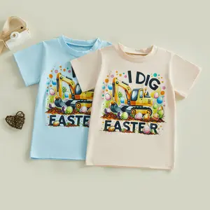 Babamoon Kids Baby Boys Easter Casual Tops T shirt Short Sleeve Round Neck Egg Letter Excavator Print Loose Fit T-shirt Tops 1-6 Years