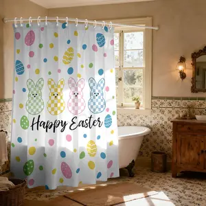 Easter Plaid Bunny and Egg Shower Curtain, Cute Rabbit Spring Bathroom Decor, Waterproof Polyester Fabric with Hooks, Wall Mounted,