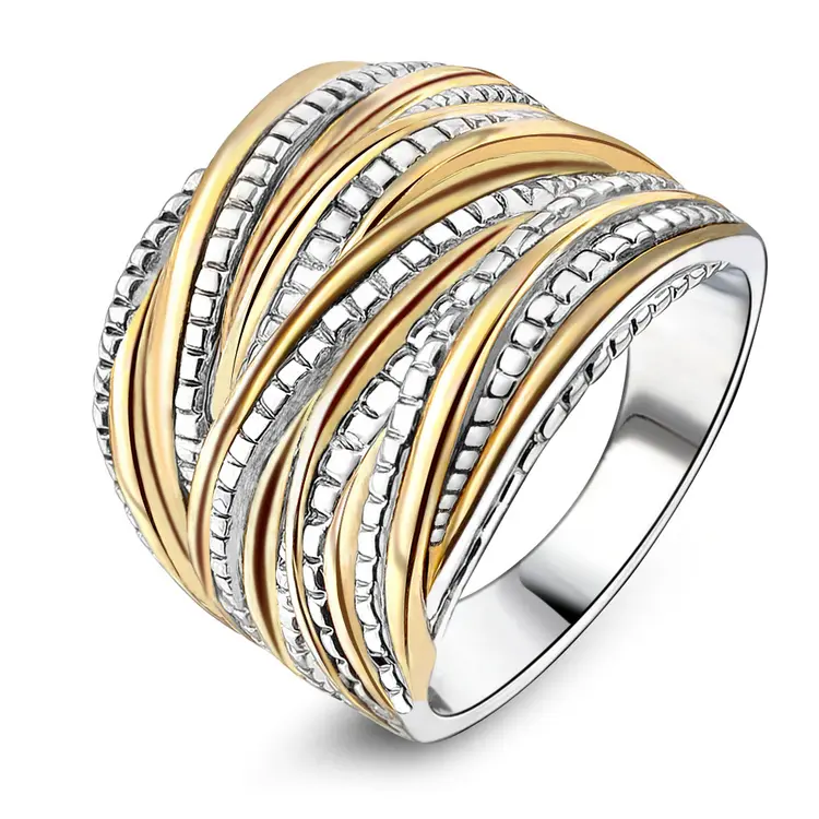 Mytys Intertwined Crossover Statement Ring Chunky Cute Band Two-Tone Design Anti-Allergic Jewelry For Women Girls Gift Sizes #6-#12