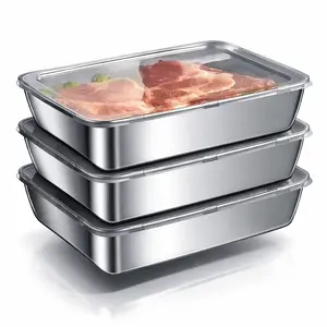 Stainless Steel Food Storage Containers with Lids Set of 3 – Stackable Rectangular Meal Prep Containers, BPA Free Reusable Food Tray for Fridge Freezer Kitchen Camping Picnic Outdoor BBQ