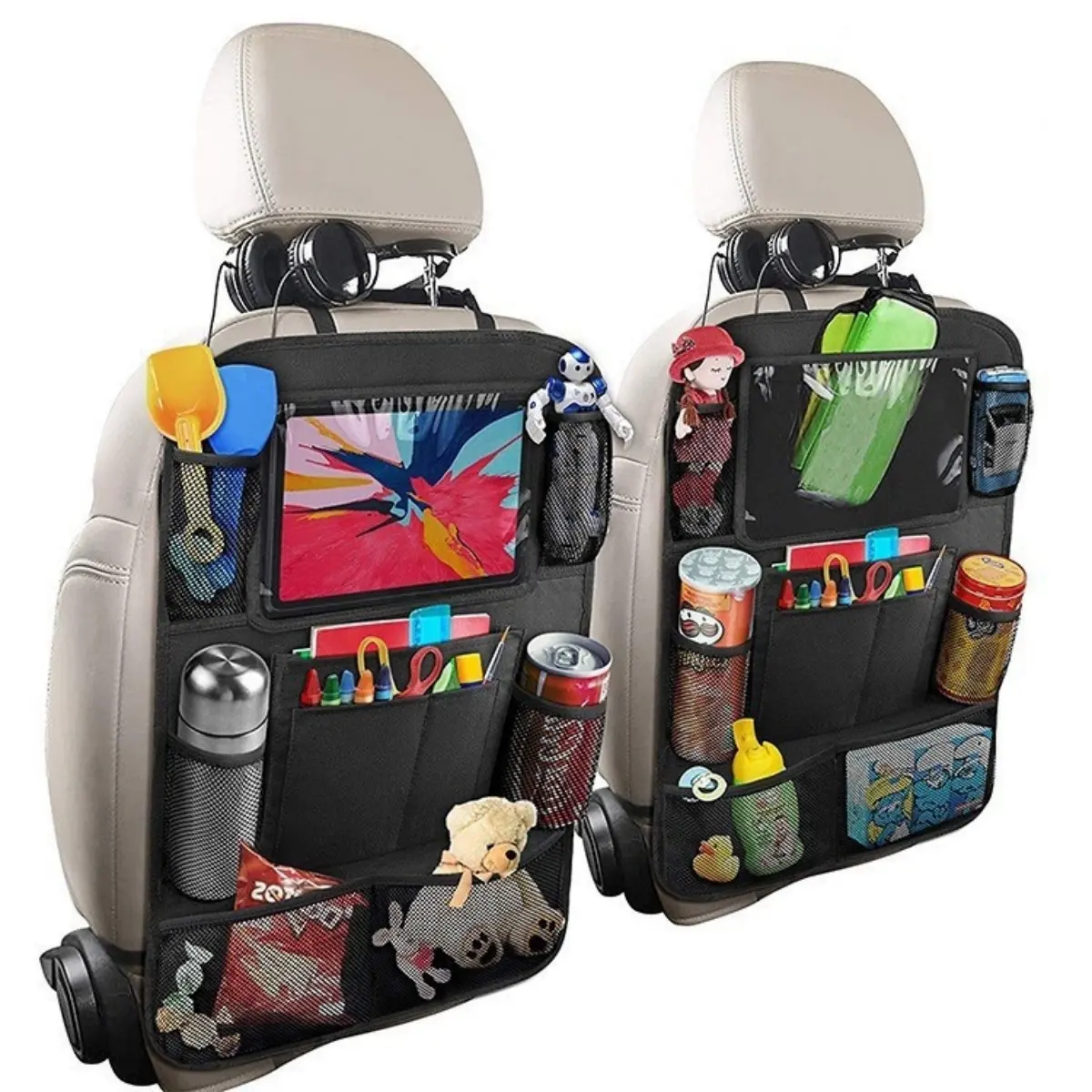 Car Seat Backrest Storage Bags - Multi-functional storage bags with multiple compartments, made of lightweight and durable fabric, suitable for travel, school trips, road trips, car back seat storage, and storage of essential back seat items.