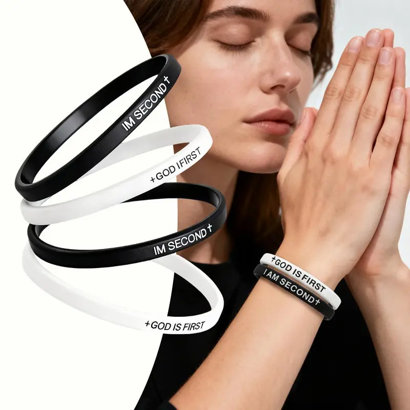 Unisex Christian Silicone Band Bracelet Jewelry - Engraved "God Is First, I'm Second", Cross Symbol, All Seasons Everyday Wear, Inspirational Religious Gift for Adults' Anniversary, Birthday