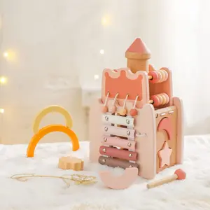 Pink Wooden Castle Toy for Toddlers, 5-in-1 Educational Toy with Mirror, Abacus & Shape Matching,Christmas gifts