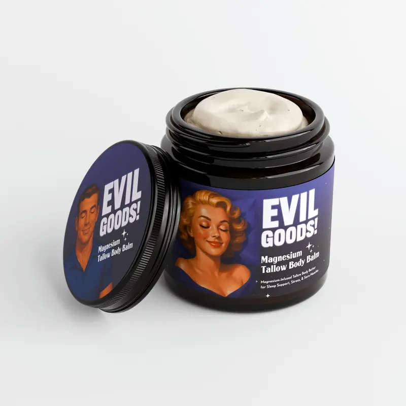 EVIL GOODS Magnesium Tallow Body Balm 4oz - Grass-Fed Beef Tallow with Magnesium, Shea Butter & Coconut Oil, Unscented Nightly Body Moisturizer for Dry, Rough Skin - Cruelty-Free, Made in USA