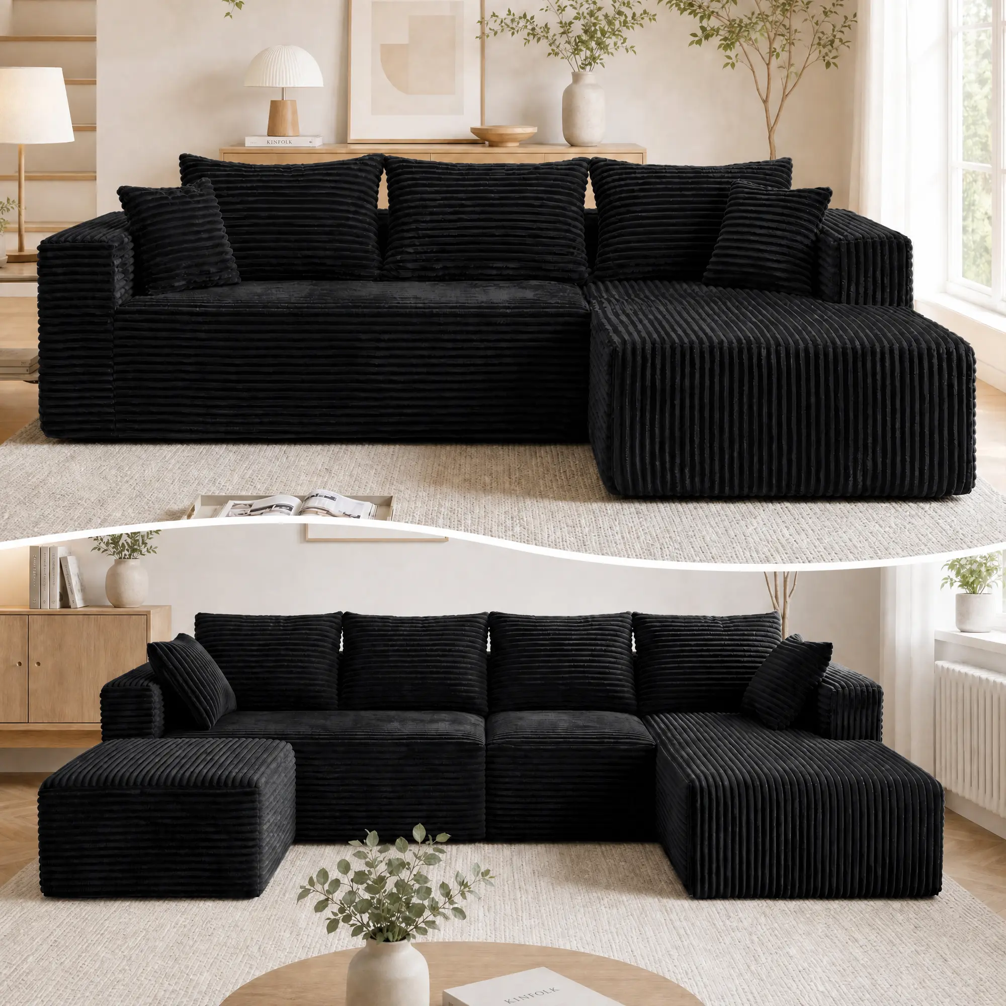 ANY BOX 118&92.5" L/U-Shaped Modular Boneless Sectional Couch Oversized Deep-Seat Suitable for Living room/Bedroom/Apartment 0112BK