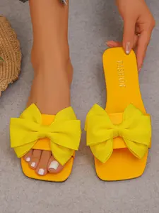 New Fashion Versatile Women's Bow Square Toe Flat Sandals, Outdoor One-Strap Beach Slippers, Comfortable and Stylish Footwear