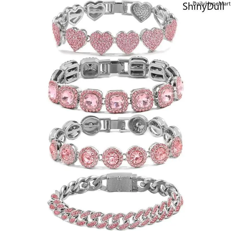 Women's 4PCS Layered Gold-Silver Tennis Cuban Bracelet Set - Rhinestone Decorated, Stackable Tennis Chain Jewelry for Women, Tennis Chain Bracelet, Rhinestone Bracelet