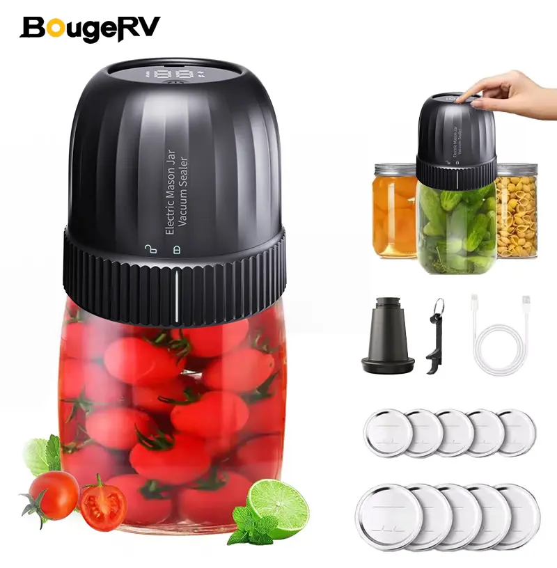 BougeRV Vacuum Sealing Machine - 75kPa Strong Suction, Compact Cordless Jar Sealer with Digital Display, Type-C Charging for Travel, Auto-Stop, 7 Free Accessories, Wide/Regular-Mouth Mason Jar Food Storage Supplies