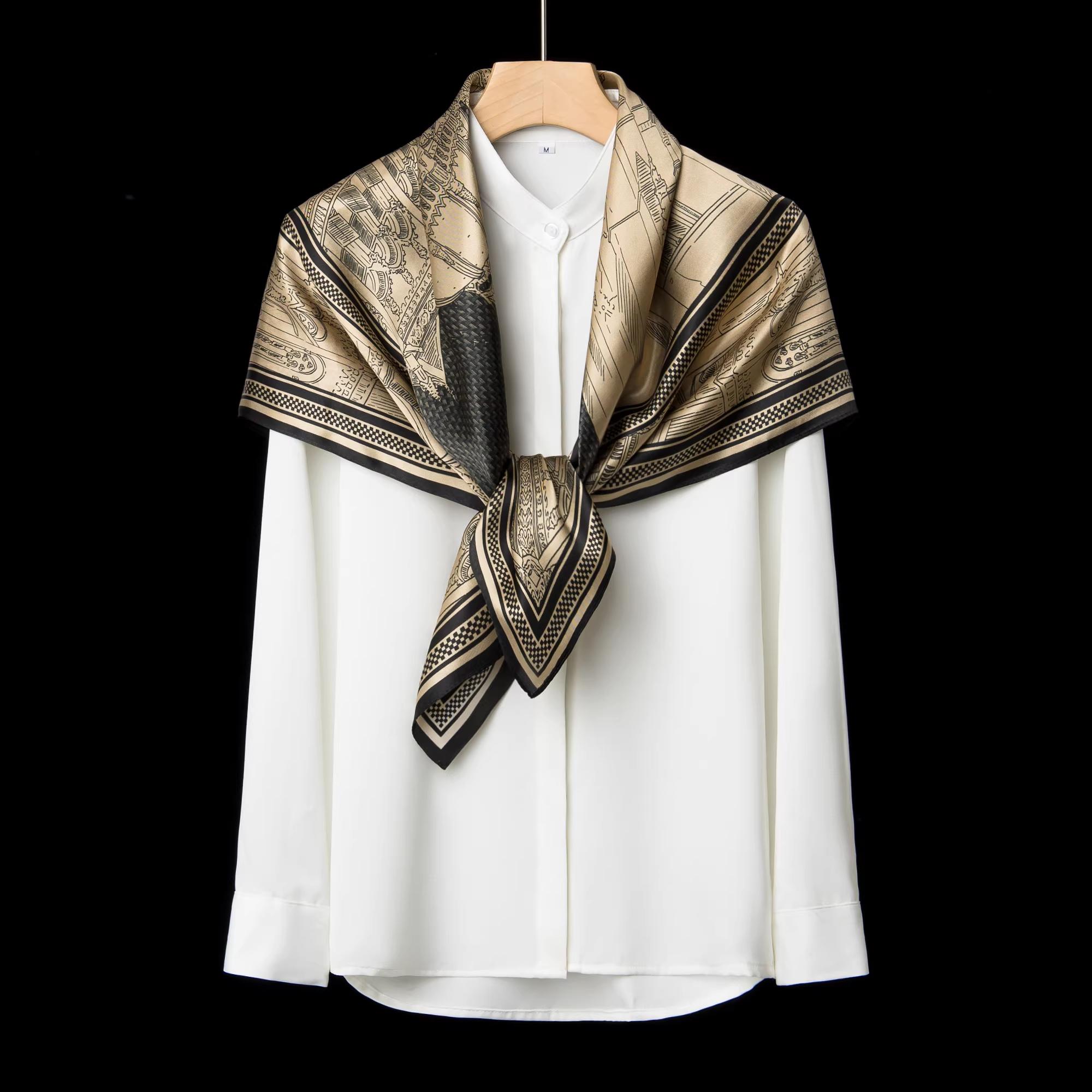 Retro Black & Gold Mulberry Silk Crepe Satin Headscarf with Geometric Print, Sun Protection, Multi-Purpose Women’s Scarf  long night scarf