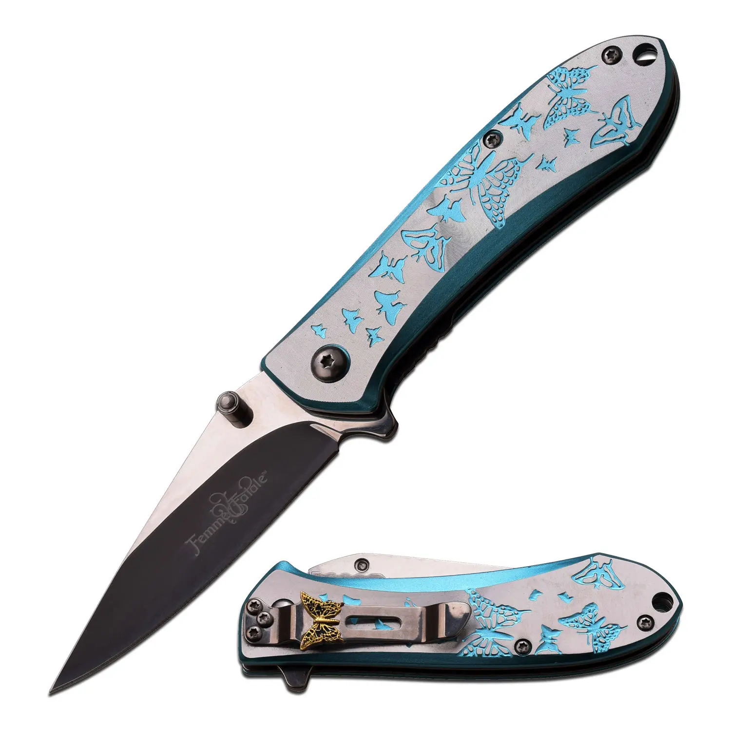 Femme Fatale Compact Pocket Knife (FF-A010LB) - Black/Satin Finish 3-in 3MM Stainless Steel Blade, Blue/Silver Butterfly Etch Handle, Easy Carry Pocket Clip, Outdoor Tools for Camping Carving Self Defense