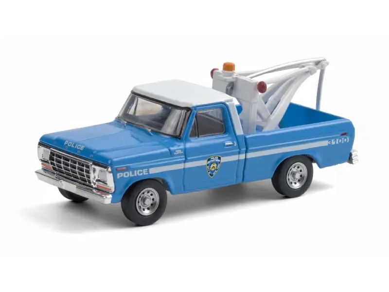 1979 Ford F-250 NYPD Tow Truck - Blue w/ White Top, Drop-In Tow Hook, 1:64 Scale Diecast Model Cars, Greenlight 30224, Collectibles Diecast Toys for Ages 8+, Replica Diecast Toys