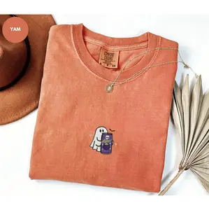 Comfort Colors Embroidered Spooky Ghost Alani Halloween T-Shirt, Cute Fall Embroidery Sweatshirt, Cozy Ghost Top, Spooky Season Gift