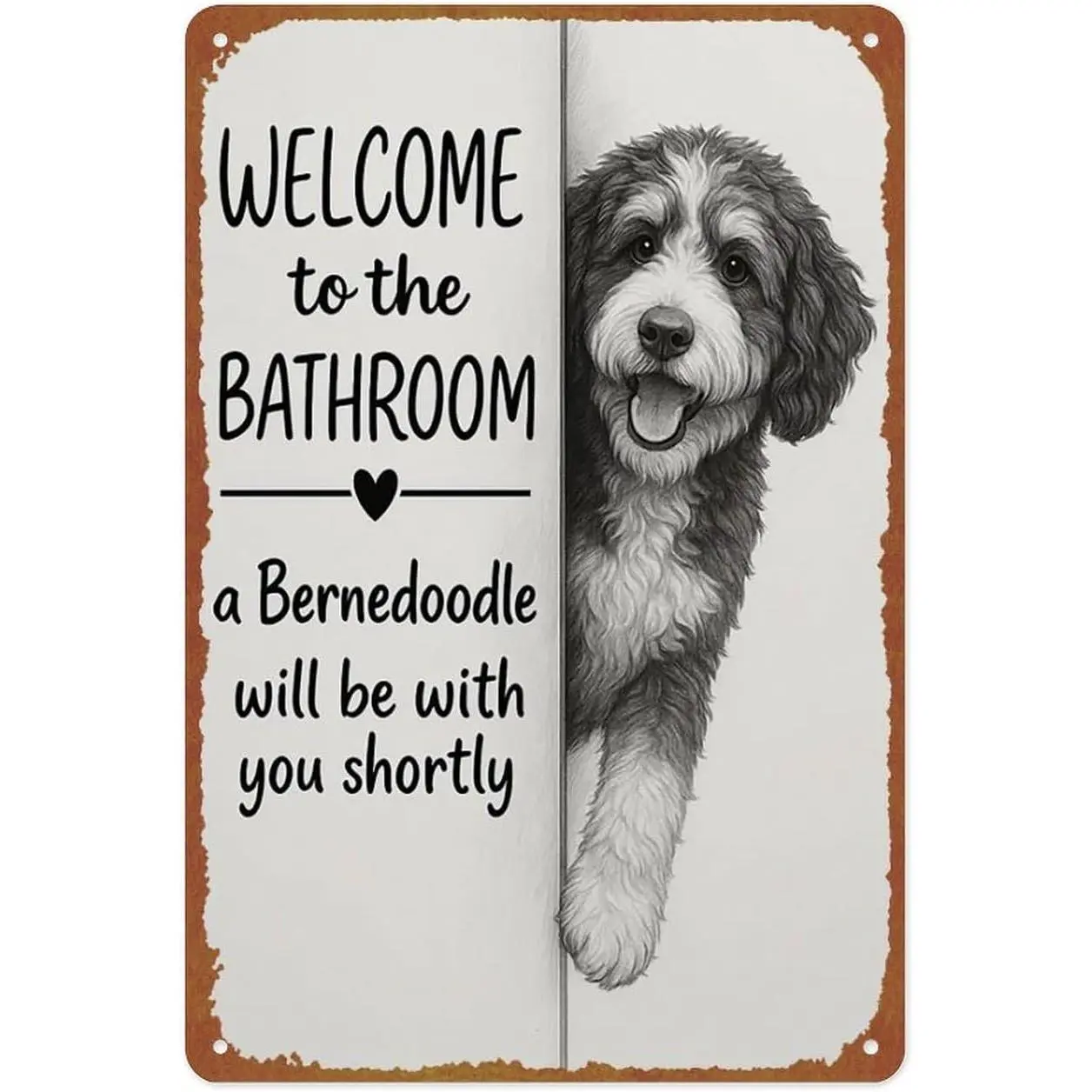 Bernedoodle Dog Bathroom Aluminium Door Sign, 8x12in Vintage Hanging Metal Frame, Pre-Drilled Holes, Funny Welcome Message Pet Wall Art, Indoor Home Decor Gift