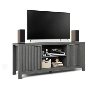 65-Inch Grey Oak Fluted TV Stand, Modern Heavy-Duty TV Console Table with Open Shelves and Storage Cabinets, Home Improvement Entertainment Center for Living Room, Tv Stand Living Room