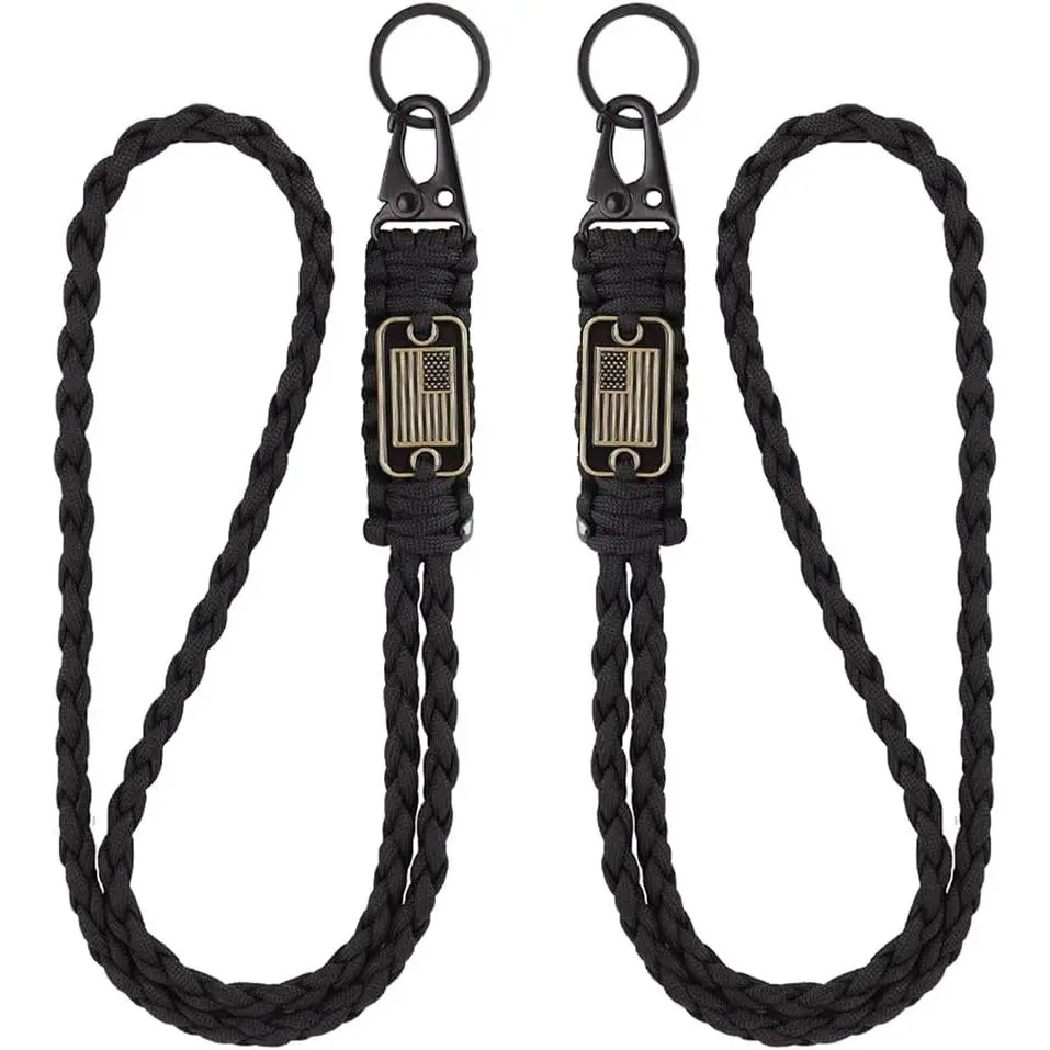 2-Count Heavy Duty Braided Paracord Lanyard Badge Holder Keychains with Flag, Tactical ID Tag Holder for ID Cards, Outdoor Activities