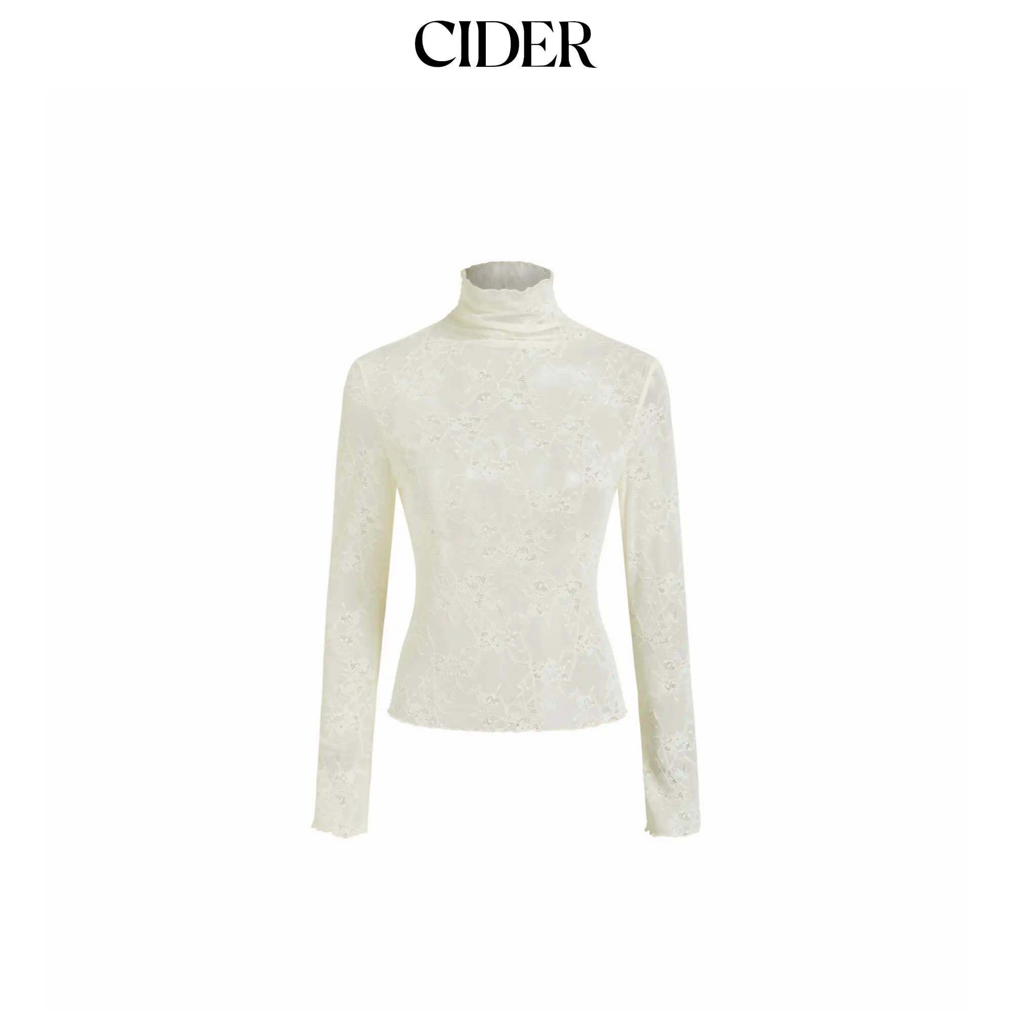 Cider Women's High Neck Sheer Lace Blouse, Ruffled Long Sleeve Pullover with Lettuce Trim, Longsleeves, Lace Ruffled Women's Pullovers, Black Lace Detail Women's Pullovers