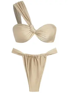 Two-Piece Set Women's Solid One Shoulder Bikini Set, Casual Twisted Swim Top & High Cut Swim Bottom, Ladies Swimsuit for Beach Holiday Vacation, Twist Front Bikini, Bikinis Sets