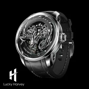 Lucky Harvey 3D Engraving Dragon Dial Automatic Mechanical Watches for Men Self-wind Movement Sapphire Waterproof Casual Watch