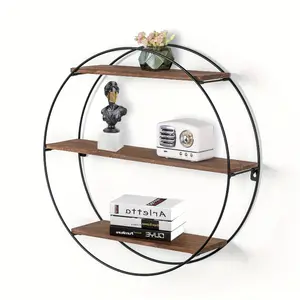 Round Floating 3-Tier Wall Shelf - Sturdy Wood And Metal Decorative Shelf for Living Room, Bedroom, Bathroom, Kitchen, Office, Halloween Decoration, Floating Shelves