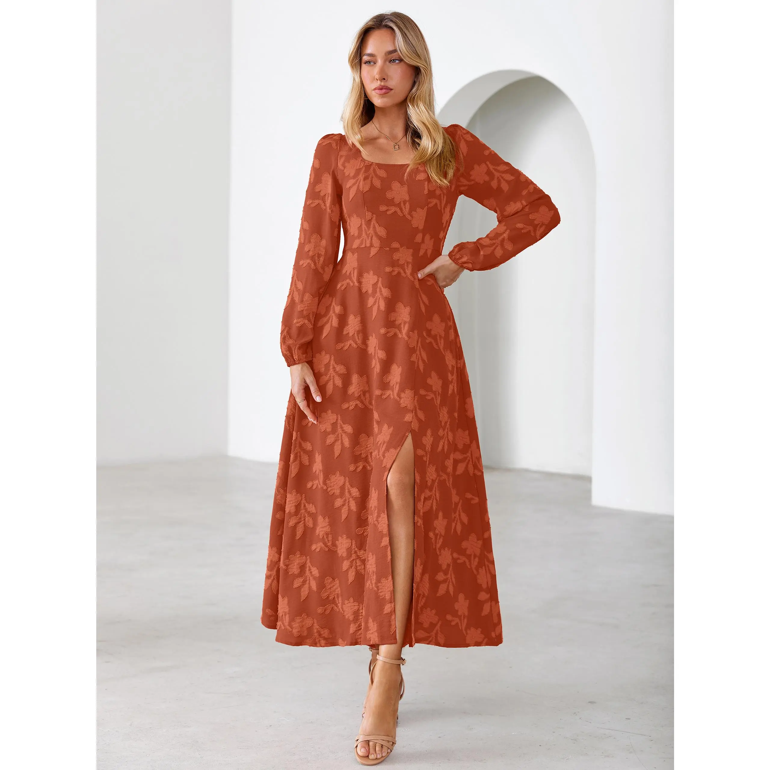 Simplee Womens Square Neck Maxi Dress | Empire Waist Long Sleeve Dresses | Elegant Front Slit Boho Floral Jacquard Autumn Wedding Guest Gown