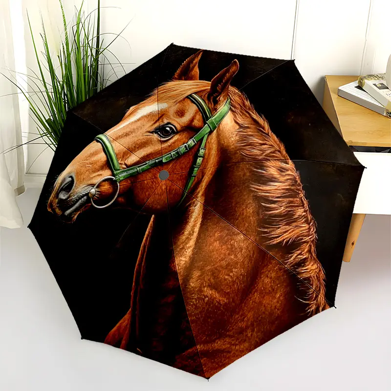 1 PC Automatic Folding Umbrella - Horse Portrait Painting Artwork Pattern, Portable & Foldable Design with 8 Ribs, Merry Christmas Pattern,Casual Outdoor Accessory Halloween and Christmas Birthday Gifts. F0015