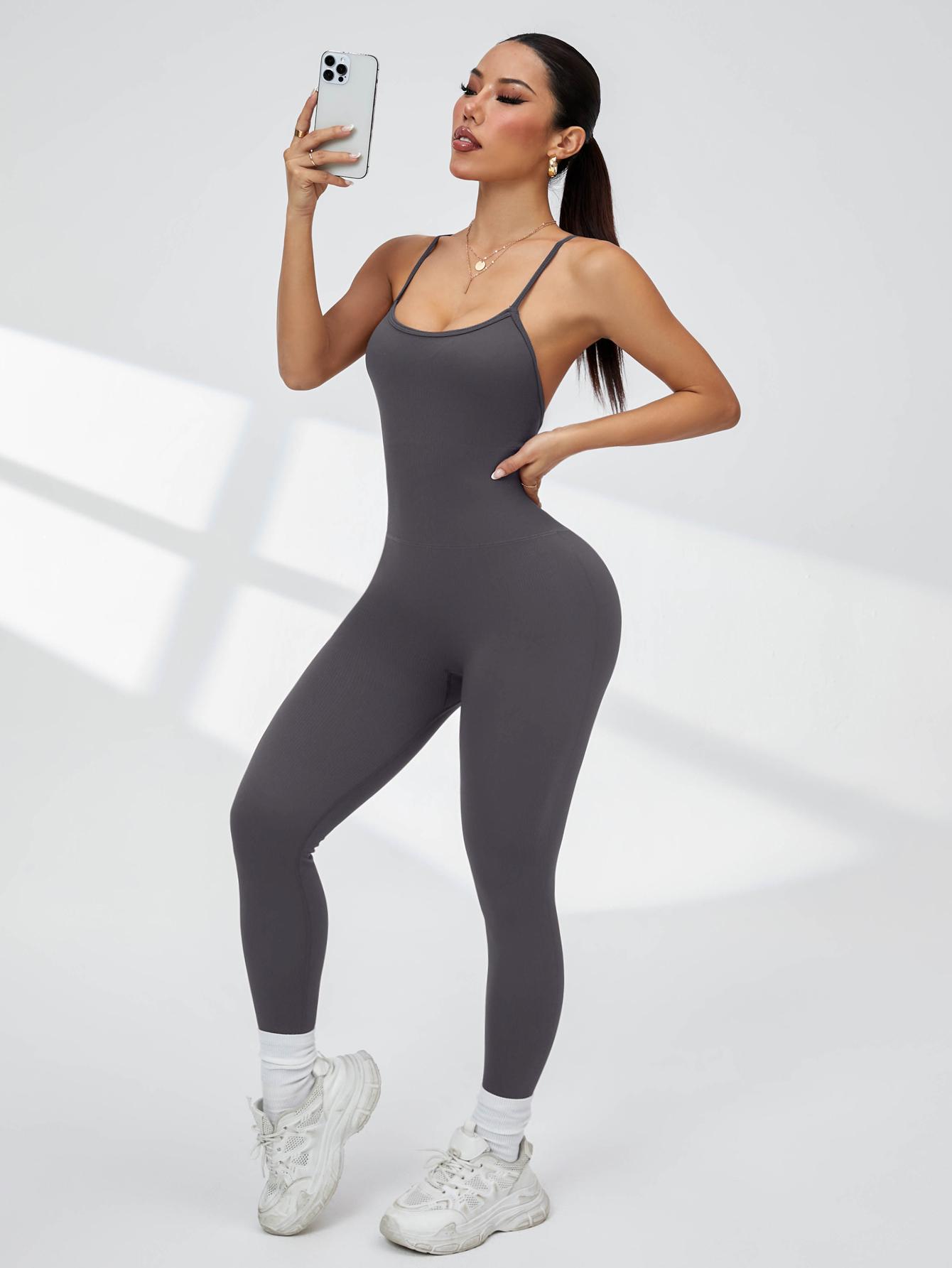 Women's Sexy Backless Cami Workout Jumpsuit Slim Fit Yoga Gym Fitness One Piece Outfit