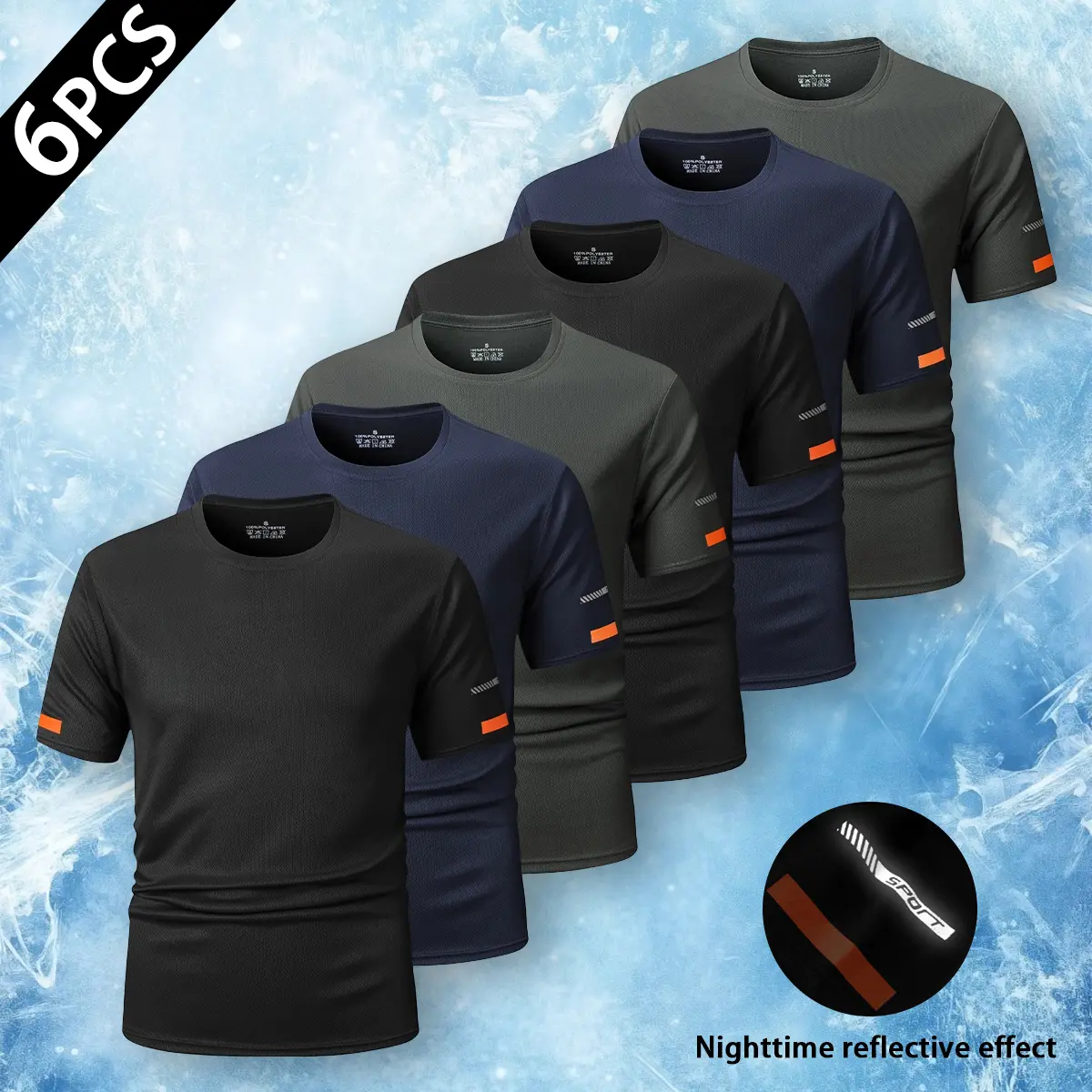 Men’s Regular Fit Crew Neck 6-Pack Polyester Short-Sleeve Activewear Running T-Shirts - Quick-Drying, Breathable, Reflective Mesh, High-Visibility Night-Safe Stripe Athleisure for Summer Fitness