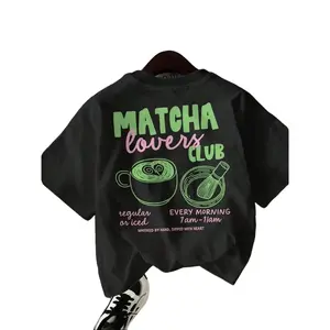 [Double-Sided Print]Spring And Summer Casual Women's Top, Fresh Style, Matcha Coffee Cup MATCHA Lovers Print, Round Neck Pure Cotton Short-Sleeve T-Shirt