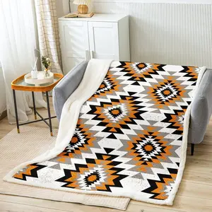 Southwest Native American Design Adult Fleece Throw Blanket,40"x50" Orange Grey Geometric Sherpa Blanket,Tribal Room Accessory Plush Blanket