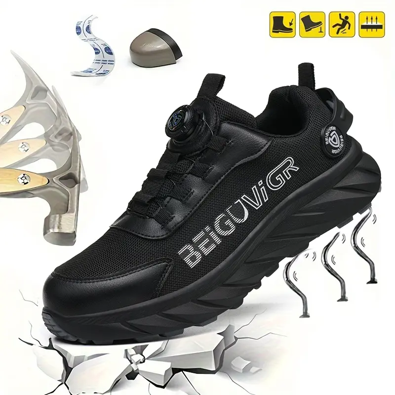 BEIGUIGR Men's Steel Toe Work Safety Shoes - Heavy Duty Working Shoes, Breathable Impact Resistance Sneakers with Anti-Smashing, Anti-Puncture Protection, EVA Sole, Orthotic Insole, Black Tactical Design, Steel Toe Sneakers