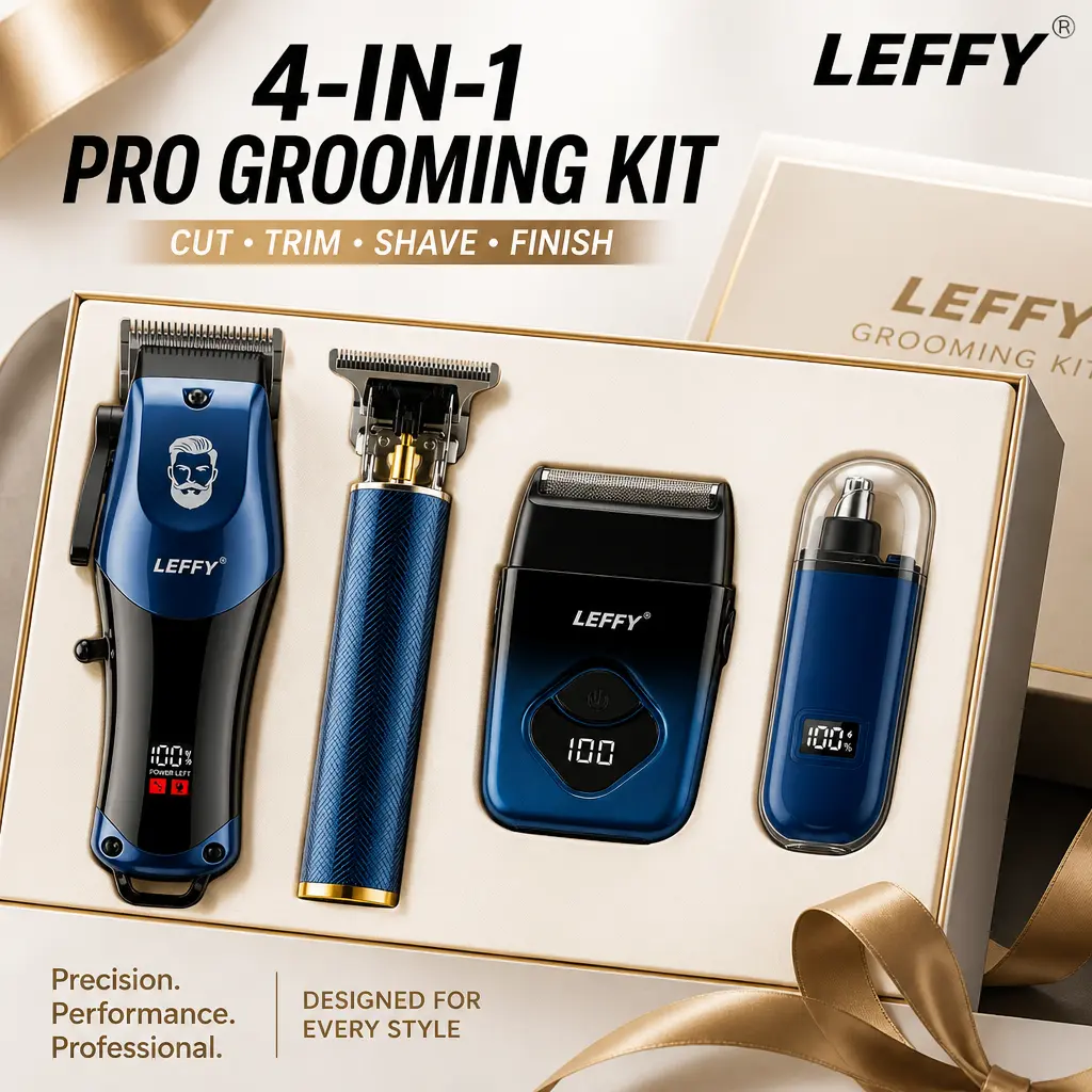LEFFY 4-in-1 Cordless USB Rechargeable Salon Hair Clipper Kit - Mini Professional Barber Supply with Adjustable Titanium Blade, Dry Clipping, Armpit Hair Grooming, LCD Power Display, Clipper Guards & Full Accessories