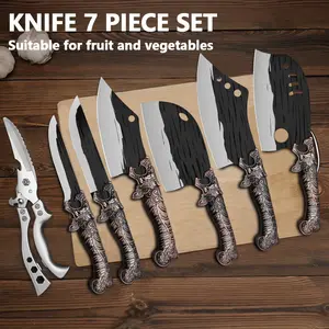 Hand-forged stainless steel kitchen knife set, 7-piece set of leading knives, chef's knife, bone chopping knife, butcher's knife, kitchen scissors, a set of professional kitchen knife sets, is the best gift for food lovers.