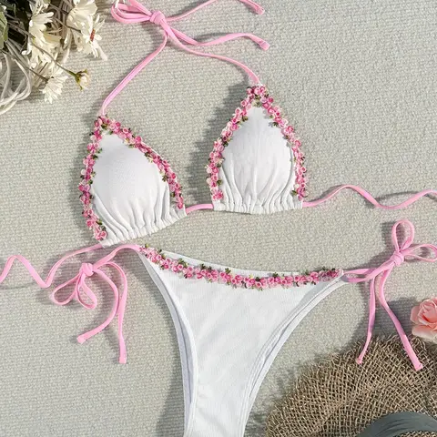 Women's Boho Bikini Set with Floral Embroidery, Tie-Back Halter Triangle Top and Tie-Side Bottoms for Summer Beach Vacations, Halter Bikini Swimsuit