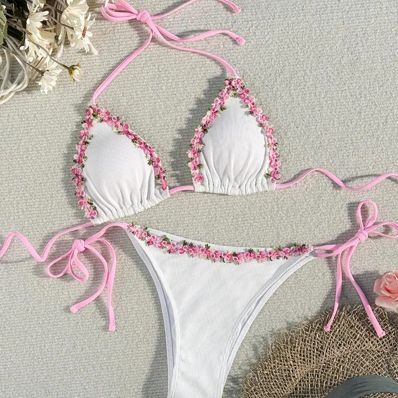 Women's Boho Bikini Set with Floral Embroidery, Tie-Back Halter Triangle Top and Tie-Side Bottoms for Summer Beach Vacations, Halter Bikini Swimsuit