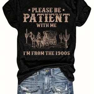Western Style Letter Printed Round Neck T-Shirt, Casual Vacation Women'S Short Sleeve Top, Women'S Clothing.