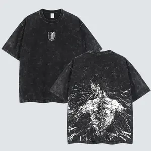 [FS] Men's Oversized Attack On Titan Eren Yeager Founding Titan Retro Vintage Limited Unisex Ribbed Fitted Fabric Short-Sleeve T-Shirt - Double-Printed Acid Washed Lightweight Cotton Seamless Apparel, 1-Piece