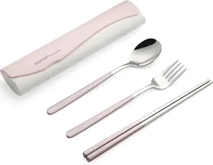 Portable Travel Utensils with Case, Reusable Camping Silverware for Lunch, 18/8 Stainless Steel Cutlery Set (Pink)