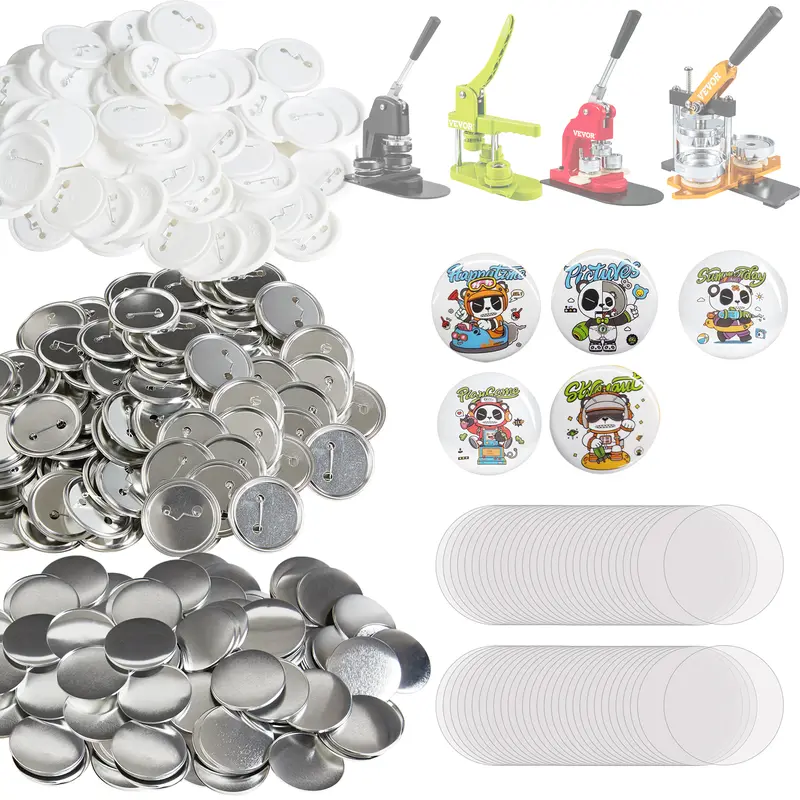 VEVOR 500 Sets 2.25in/58mm Pin Back Parts for Button Maker Machine, DIY Round Badge Crafts, Includes Metal Top, Plastic/Metal Fastener, Transparent Film & Blank Paper for Gifting,toolupgrade