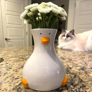 Ceramic Duck Vase - White Modern Flower Vase Bouquet with Unique Duck Design - Round Aesthetic Table Decor - Funky and Trendy Art Vase