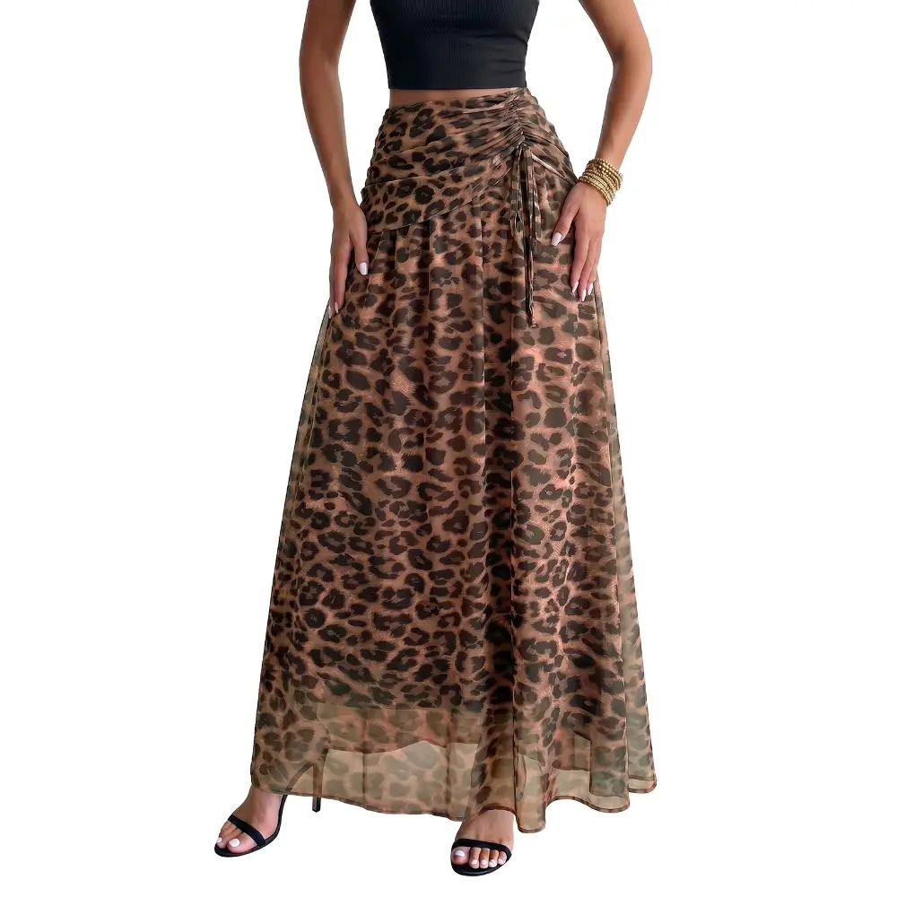 Dokotoo Women's Boho Maxi Skirt, High Waisted Floral Print Flowing Mesh Chiffon Long Skirt with Drawstring, Ankle Length Beach Vacation Festival Outfit Boho Casual Skirt Floral Printed Skirt