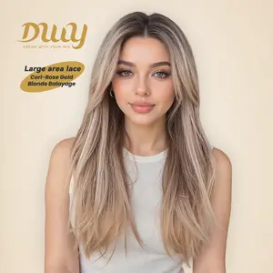 Cori -NEW! DWY 13×4 Lace Front Free Part Long-Length Straight Pink Brown Glueless Synthetic Wig for Women 24 Inches Hair Replacement Wigs