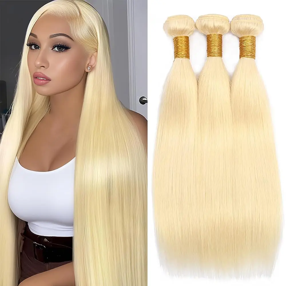 613 Blonde Straight Human Hair Bundles - 3-Piece Unprocessed Brazilian Raw Hair Weave Extensions, Double Weft, Party Wear, Can Be Bleached, for Black Women