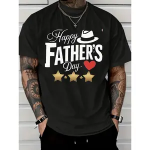 Men's Casual T T Shirt Happy Father's Day Graphic with Hat Heart Design Navy Blue Short Sleeve Round Neck Tee Machine Washable All Season Comfort Best Dad Gift Fathers Day T Shi Breathable Sweat Wicking and Soft Suitable for Daily Commutes