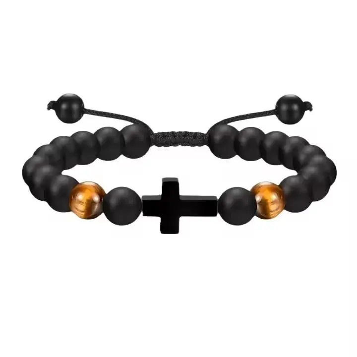 Natural Stone Beaded Cross Stainless Steel Bracelet - Adjustable Unisex Christian Religious Jewelry Gift, 5.5"-10" for 2025 College/8th Grade Graduation & Daily Wear, Yes