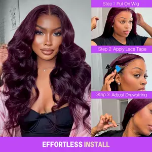 (NEW) Megalook Dark Purple Plum Color 13x6 Glueless Lace Frontal Wigs Pre Plucked Body Wave Wigs With Drawstring Band